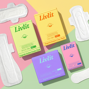 Llivit sanitary pads and boxes on a colorful background