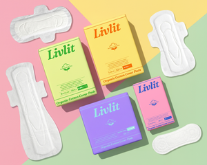 Llivit sanitary pads and boxes on a colorful background