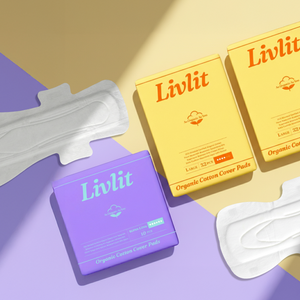 Llivit sanitary pads and boxes on a purple and beige gradient background