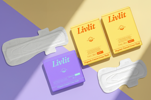 Llivit sanitary pads and boxes on a purple and beige gradient background