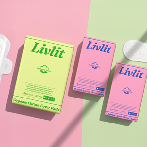 Livlit organic cotton pads and packaging on a pink and green gradient background