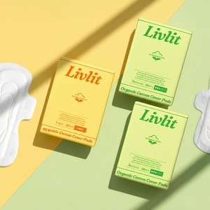 Livlit sanitary pads and boxes on a yellow and green background